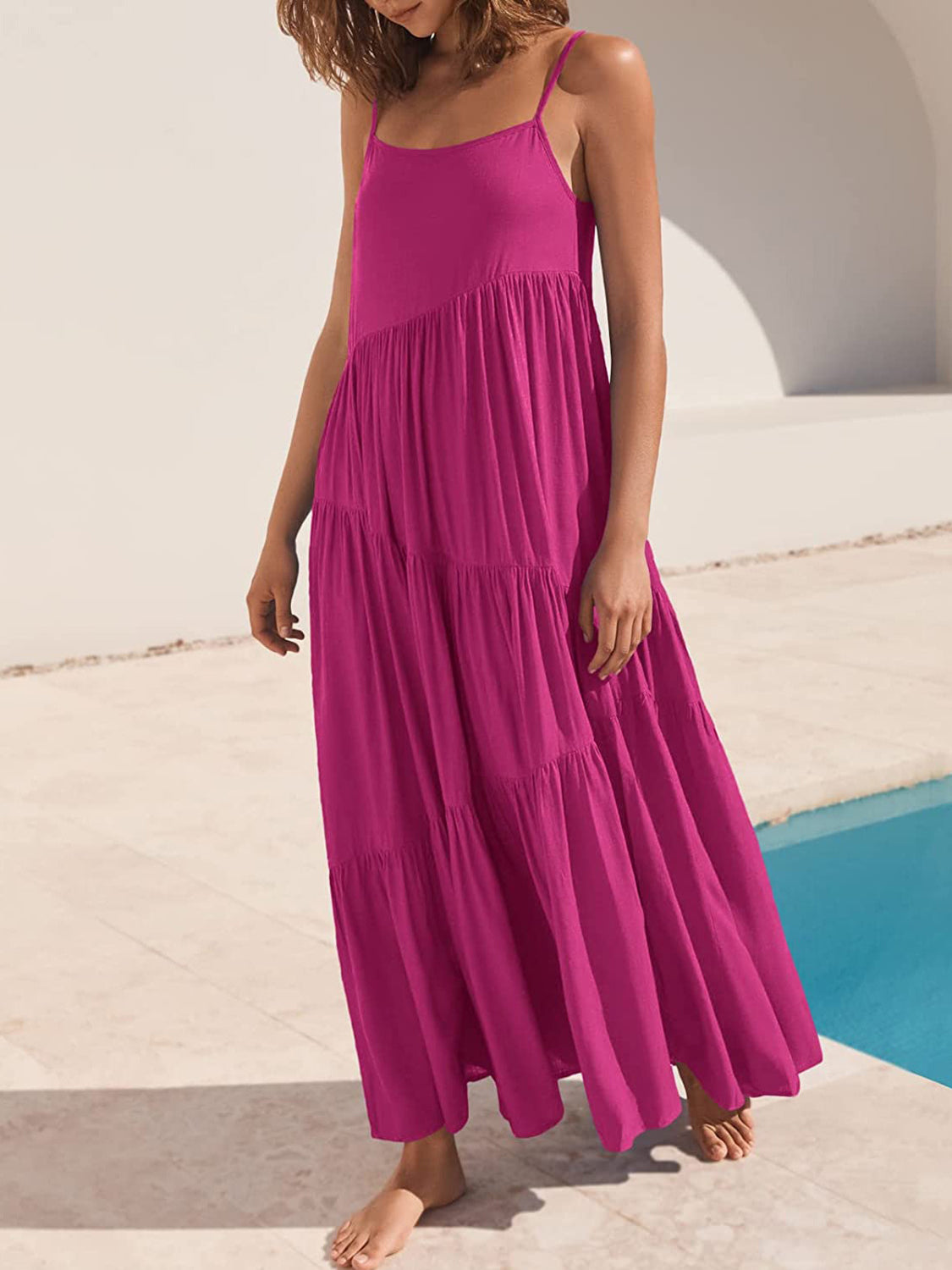 Full Size Ruched Tiered Spaghetti Strap Dress - store name